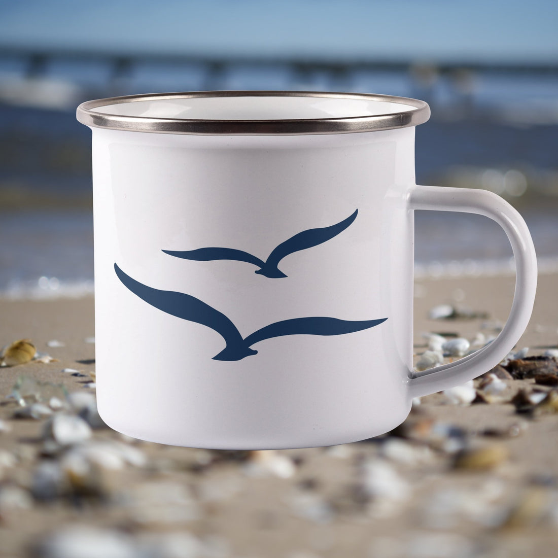Emaille Tasse "Möwenpaar" | Navy - Handbedruckt - INSELLIEBE USEDOM