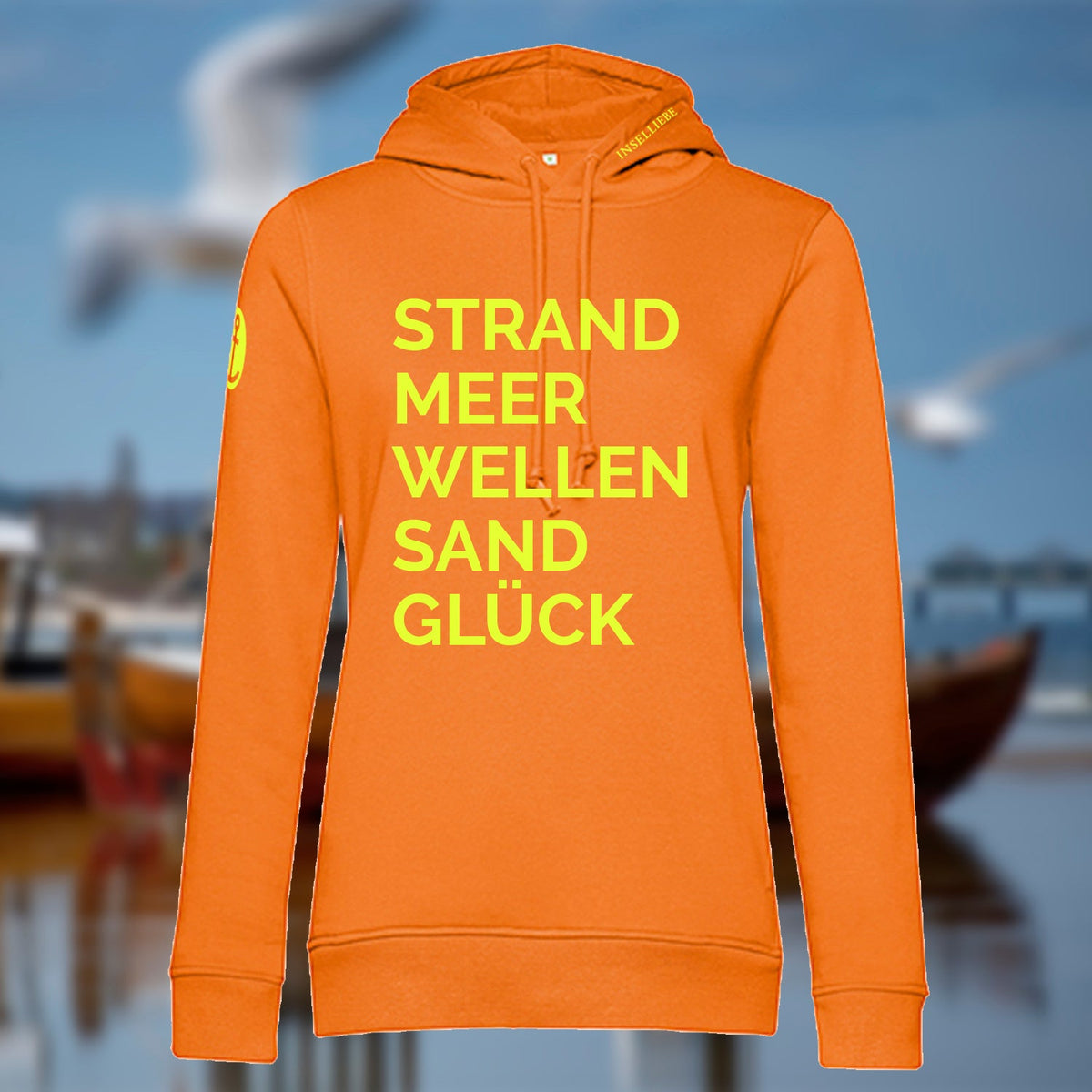 Damen Hoodie "STRANDGLÜCK" | Orange - INSELLIEBE USEDOM