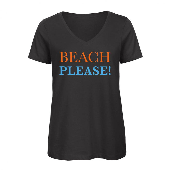 Damen V-Neck T-Shirt "BEACH PLEASE!" | Schwarz - INSELLIEBE USEDOM