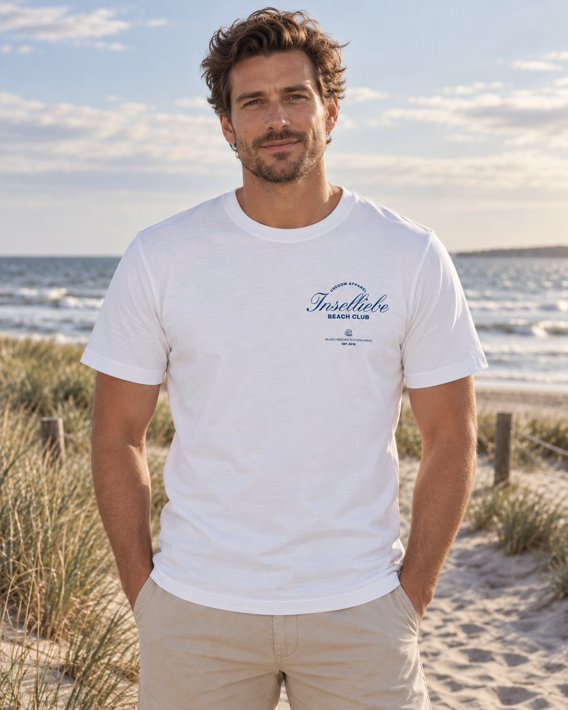 Unisex Oversized Shirt Beach Club Weiß – Vorderansicht am Model