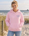Damen Fluffy Hoodie Beach Club Soft Pink – Vorderansicht am Model