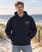 Unisex Oversized Hoodie Beach Club Navy – Vorderansicht am Model