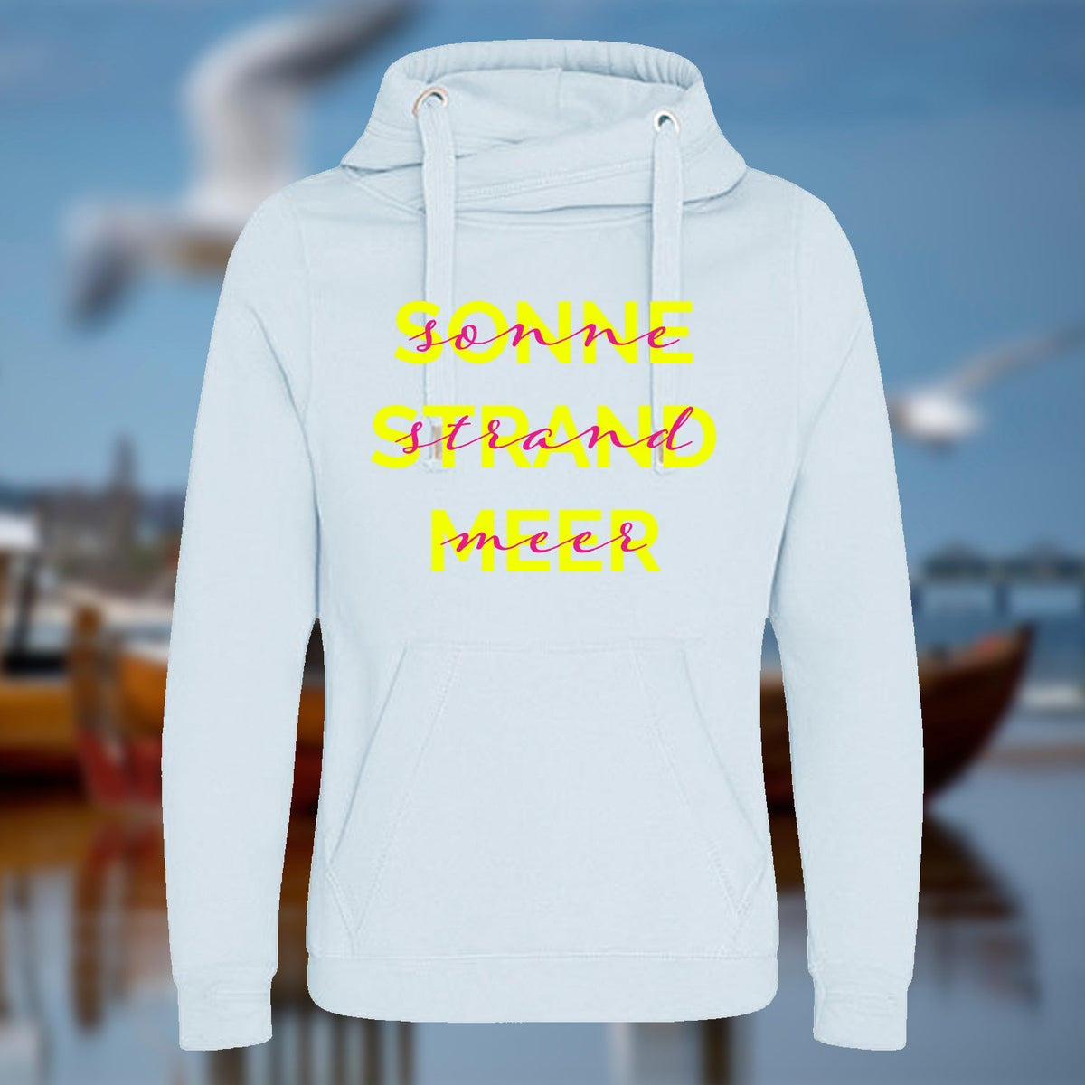 Unisex Cross Neck Hoodie "Sonne & Strand" | Hellblau - INSELLIEBE USEDOM
