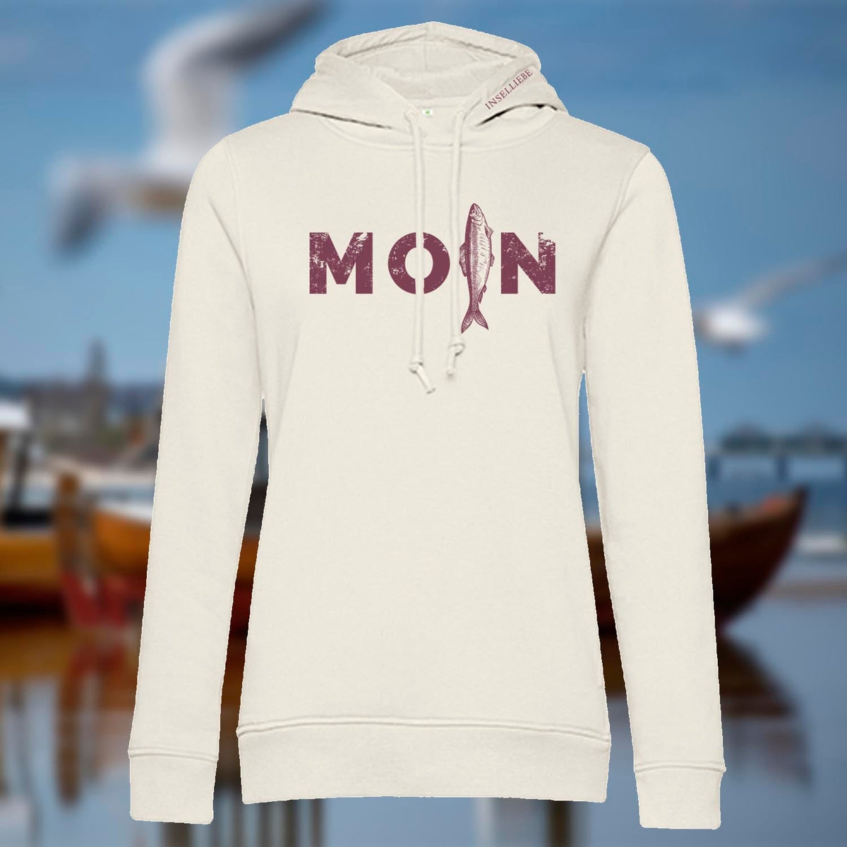 Damen Hoodie "MOIN Hering" | Creme-Bordeaux - INSELLIEBE USEDOM