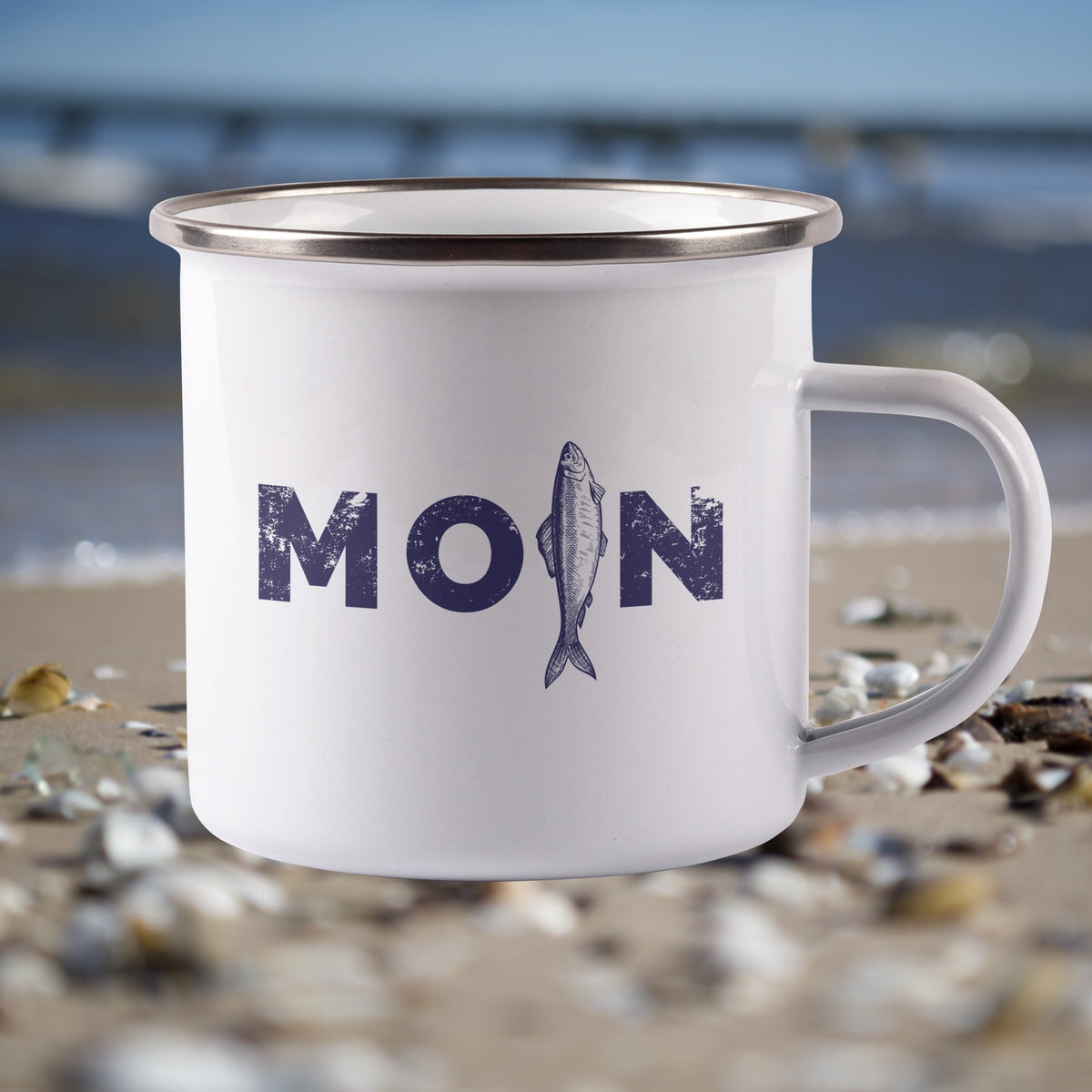 Emaille Tasse "MOIN Hering" | Navy - Handbedruckt - INSELLIEBE USEDOM